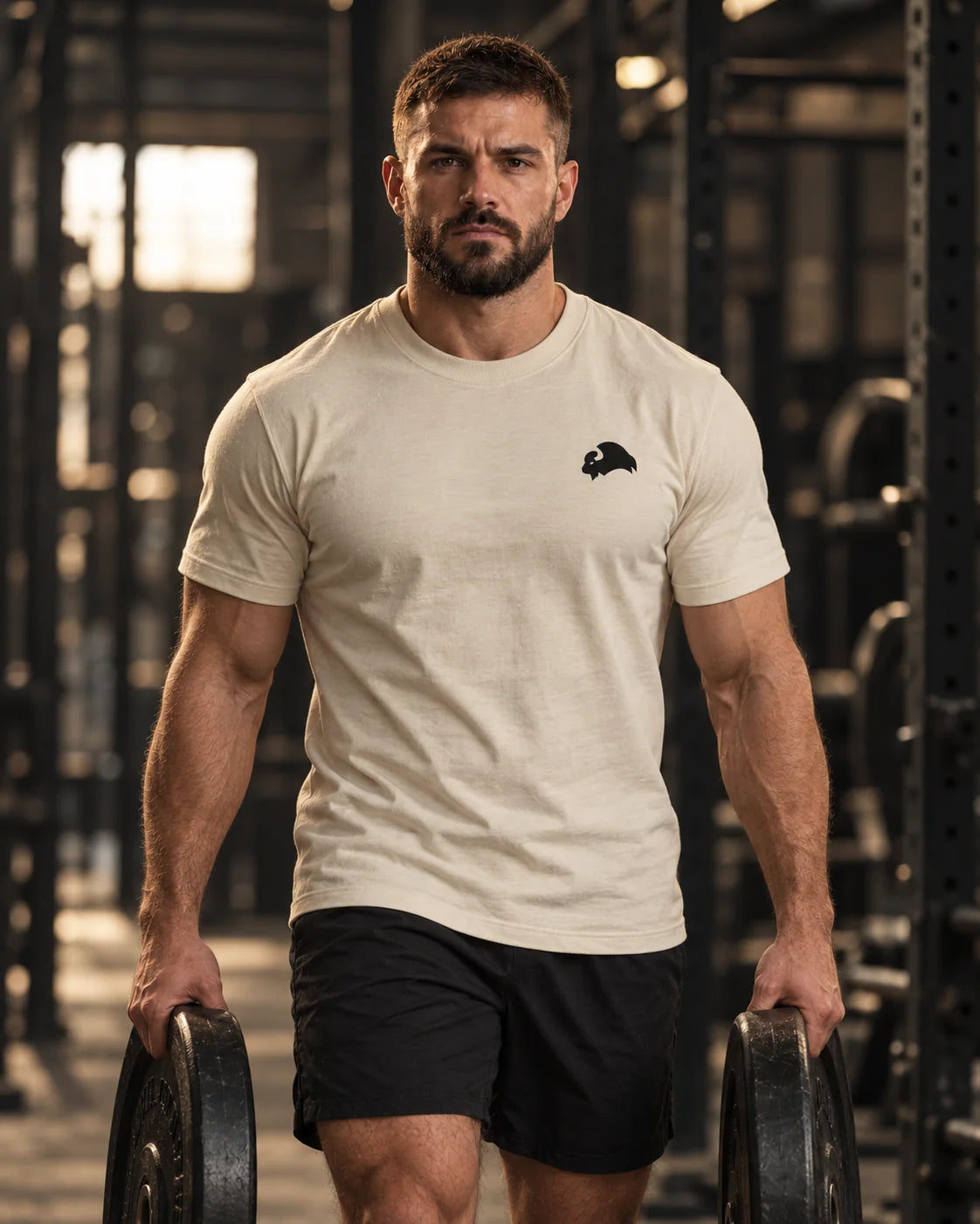 Kill Nothing Club - Slim Tee, cream, worn by an athlete in the gym (AI-generated image)