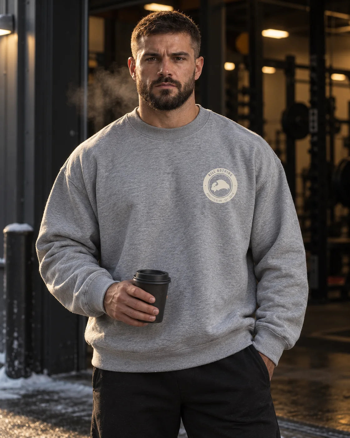 Club Crest - Crewneck Sweatshirt, heather grey, worn by an athlete in the gym (AI-generated image)