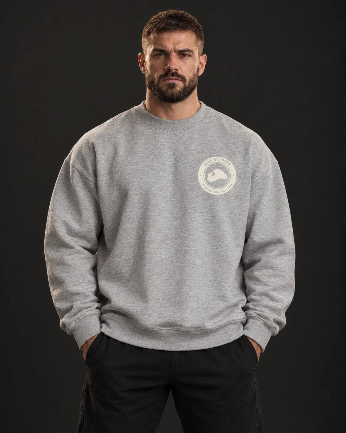 Club Crest - Crewneck Sweatshirt, heather grey, worn by an athlete, studio photo (AI-generated image)