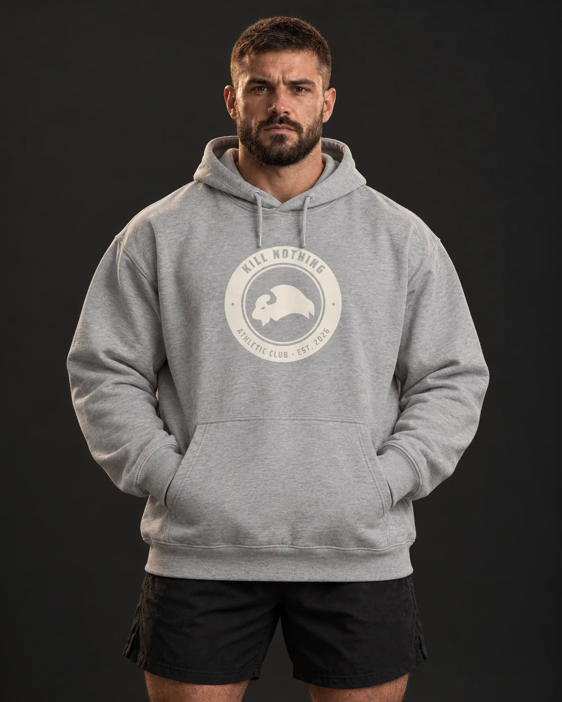 Club Crest - Hoodie, heather grey, worn by an athlete, studio photo (AI-generated image)