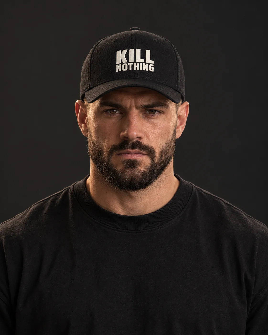 Embroidered Logo - Cap, black, worn by an athlete, studio photo (AI-generated image)