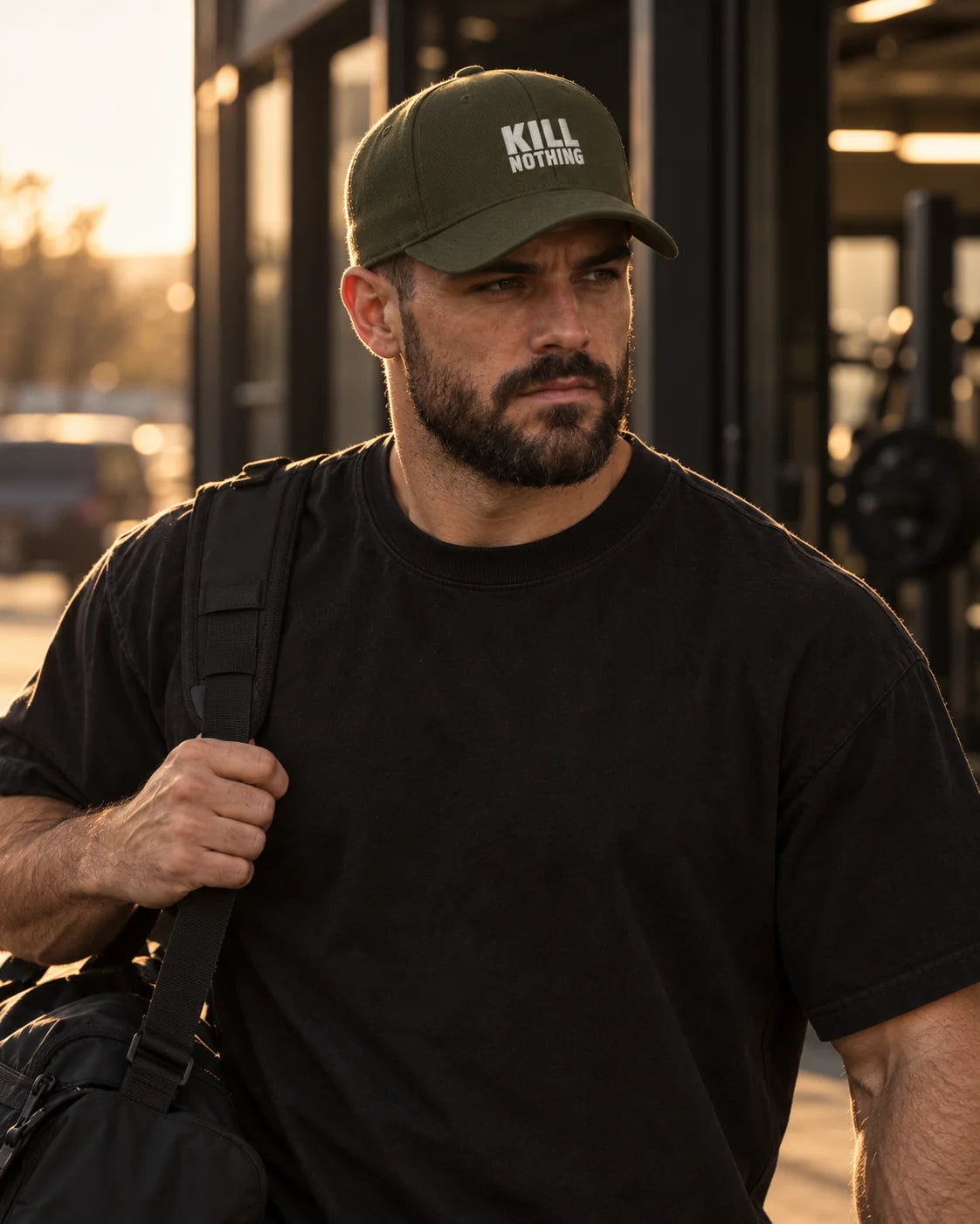 Embroidered Logo - Cap, olive, worn by an athlete in the gym (AI-generated image)