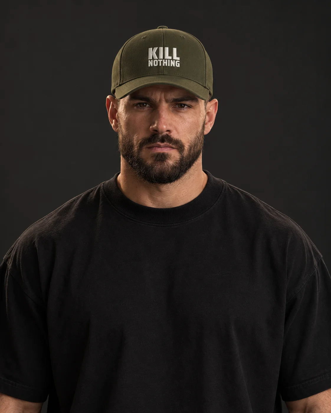 Embroidered Logo - Cap, olive, worn by an athlete, studio photo (AI-generated image)