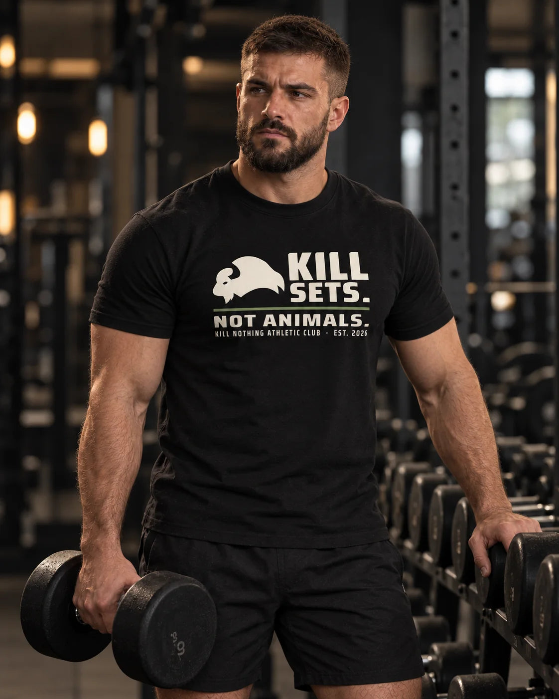 Kill Sets. Not Animals. - Slim Tee, black, worn by an athlete in the gym (AI-generated image)