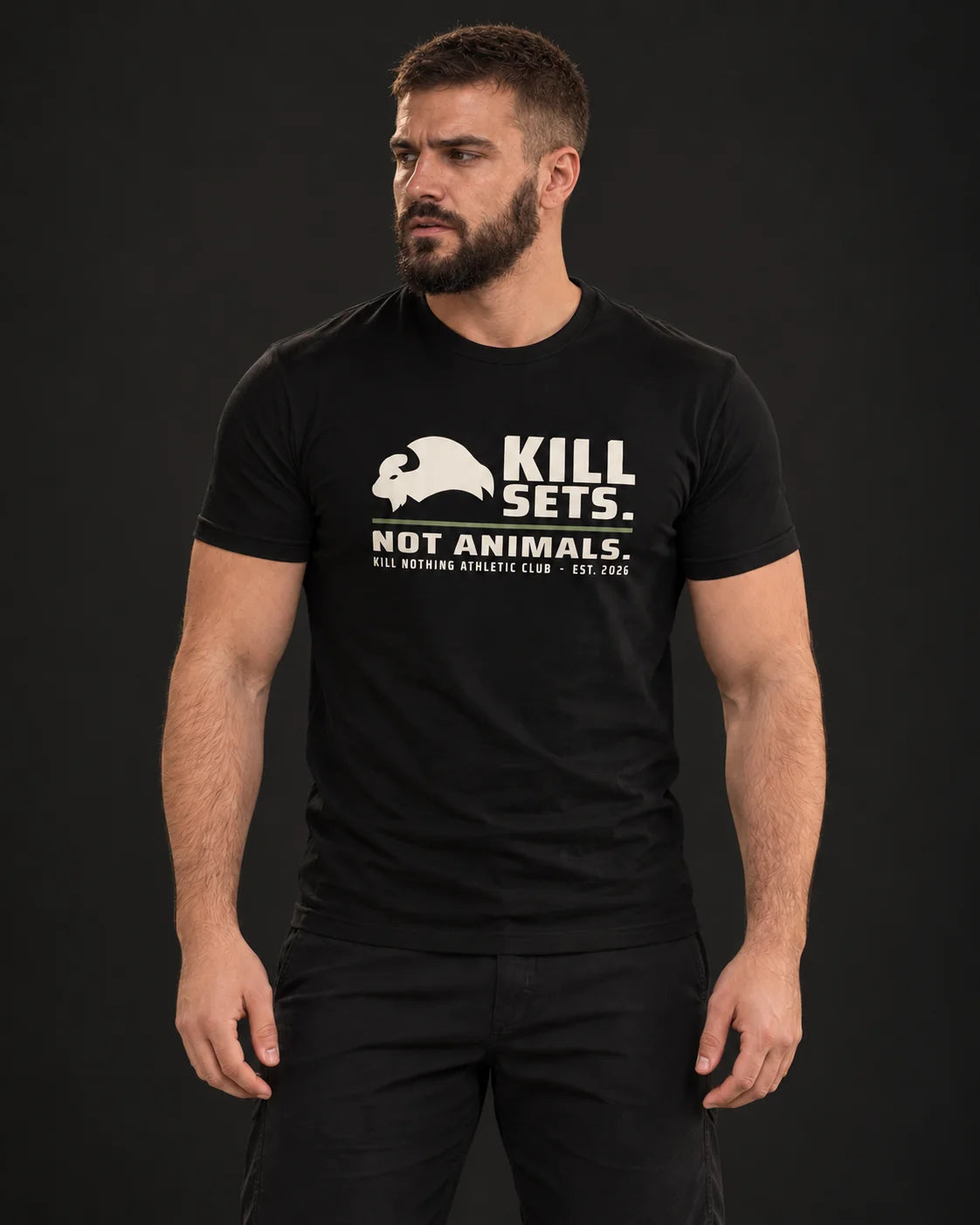 Kill Sets. Not Animals. - Slim Tee, black, worn by an athlete, studio photo (AI-generated image)