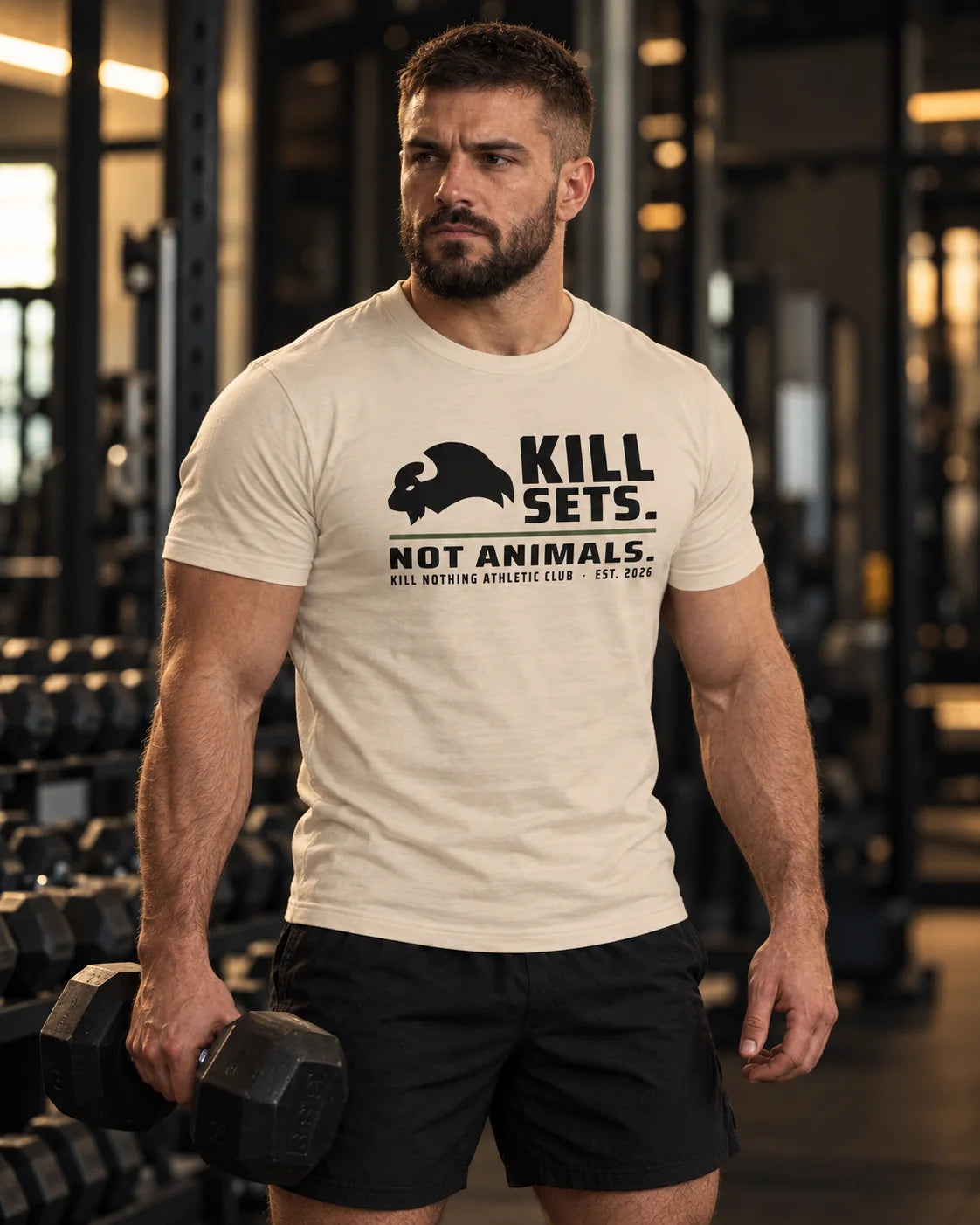 Kill Sets. Not Animals. - Slim Tee, cream, worn by an athlete in the gym (AI-generated image)