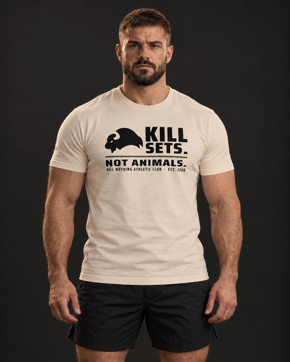 Kill Sets. Not Animals. - Slim Tee, cream, worn by an athlete, studio photo (AI-generated image)