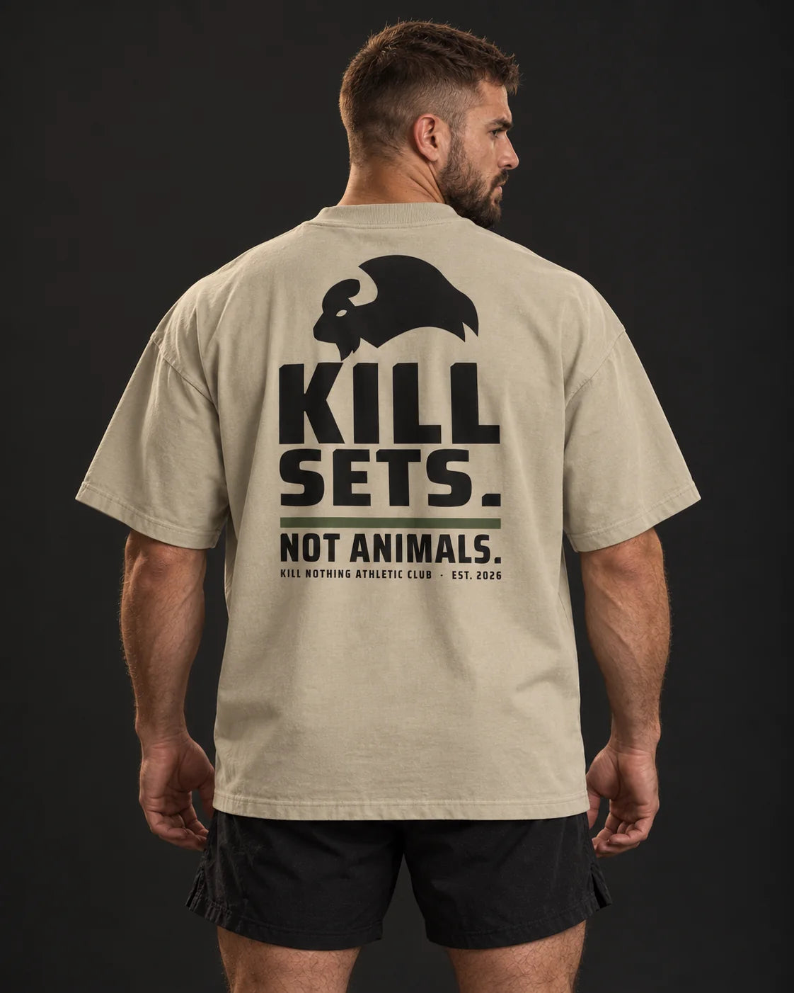Kill Sets. Not Animals. - Oversized Tee, stone, worn by an athlete, studio photo (AI-generated image)