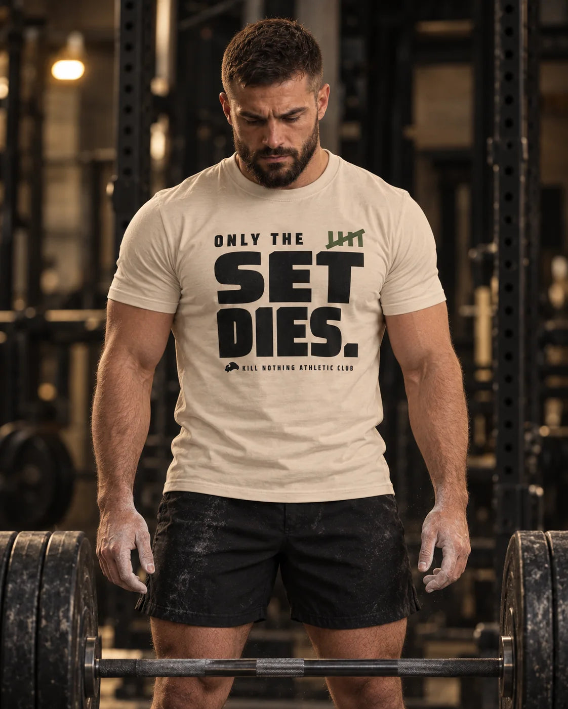 Only The Set Dies. - Slim Tee, cream, worn by an athlete in the gym (AI-generated image)