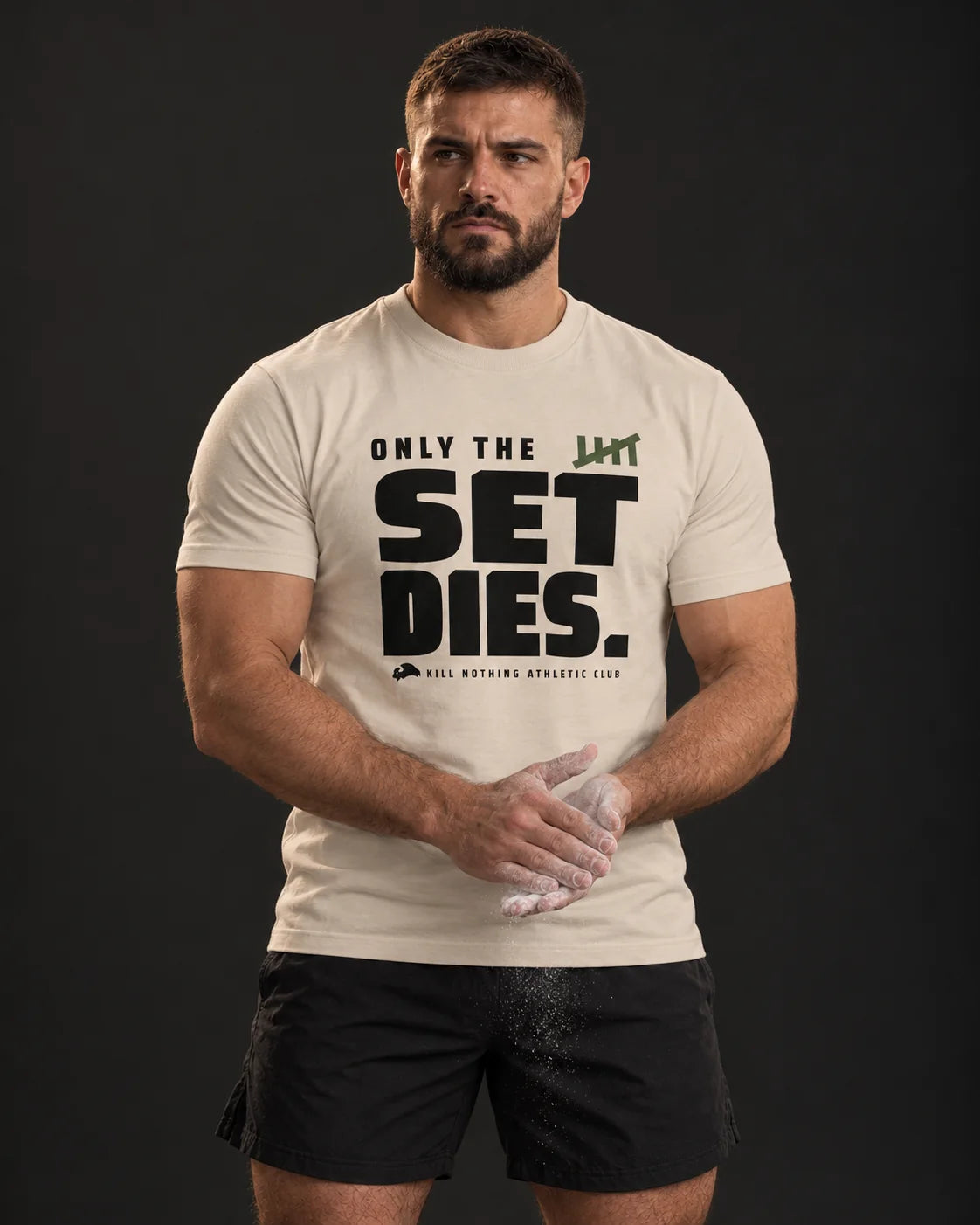 Only The Set Dies. - Slim Tee, cream, worn by an athlete, studio photo (AI-generated image)