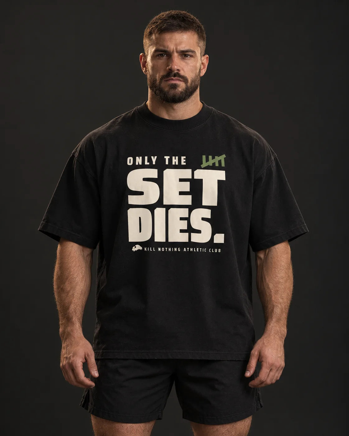 Only The Set Dies. - Oversized Tee, black, worn by an athlete, studio photo (AI-generated image)
