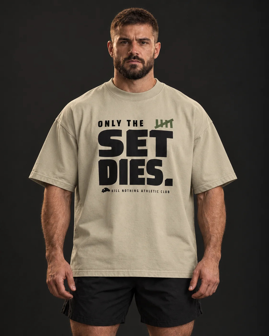Only The Set Dies. - Oversized Tee, stone, worn by an athlete, studio photo (AI-generated image)