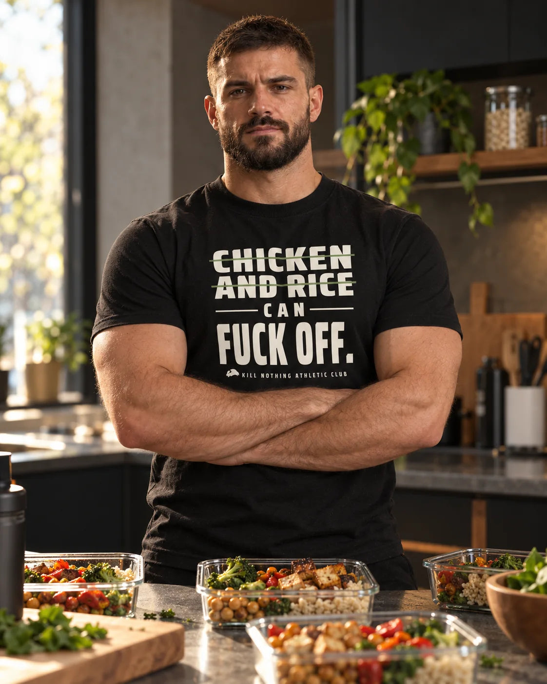 Chicken and Rice - Slim Tee, black, worn by an athlete in the gym (AI-generated image)