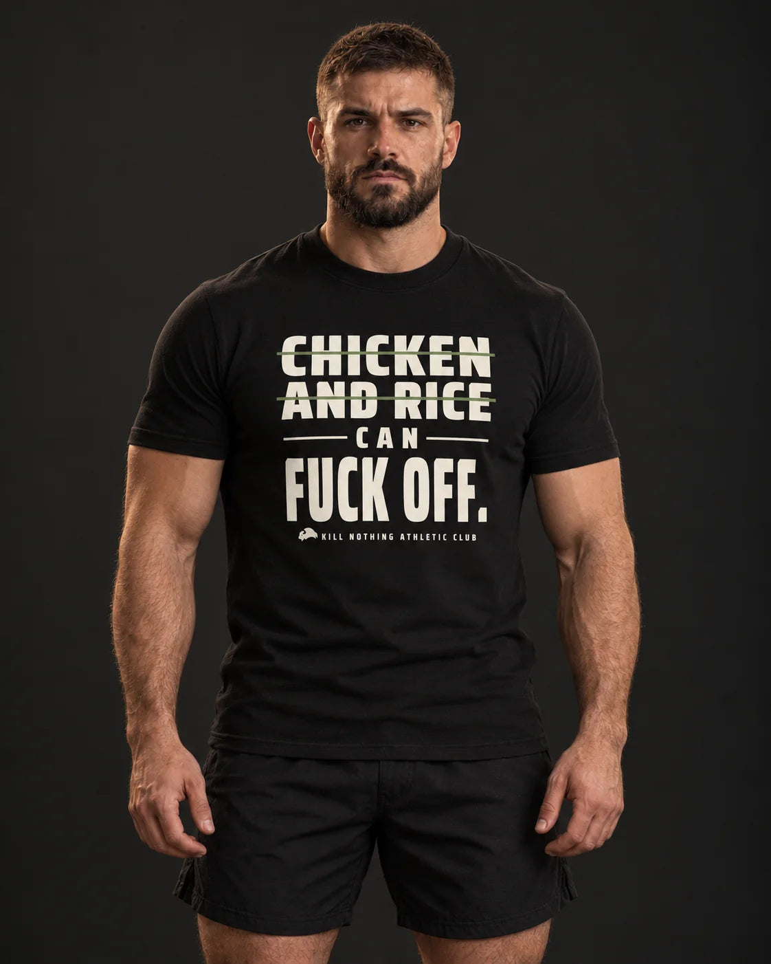 Chicken and Rice - Slim Tee, black, worn by an athlete, studio photo (AI-generated image)