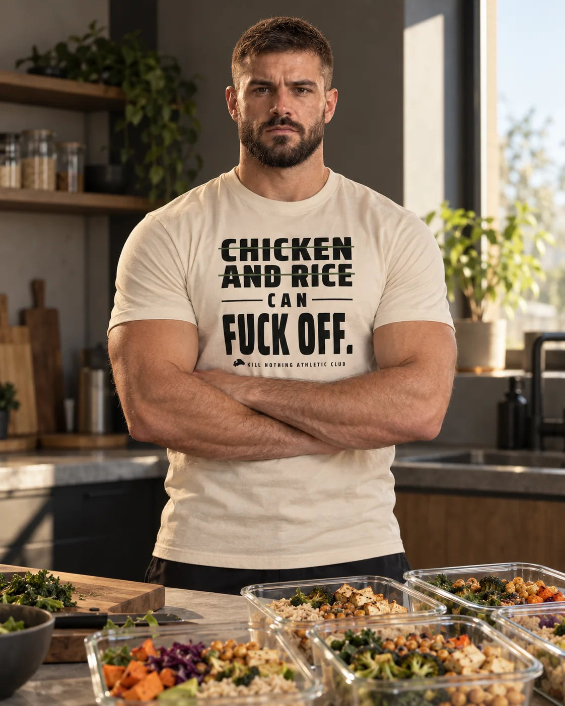 Chicken and Rice - Slim Tee, cream, worn by an athlete in the gym (AI-generated image)