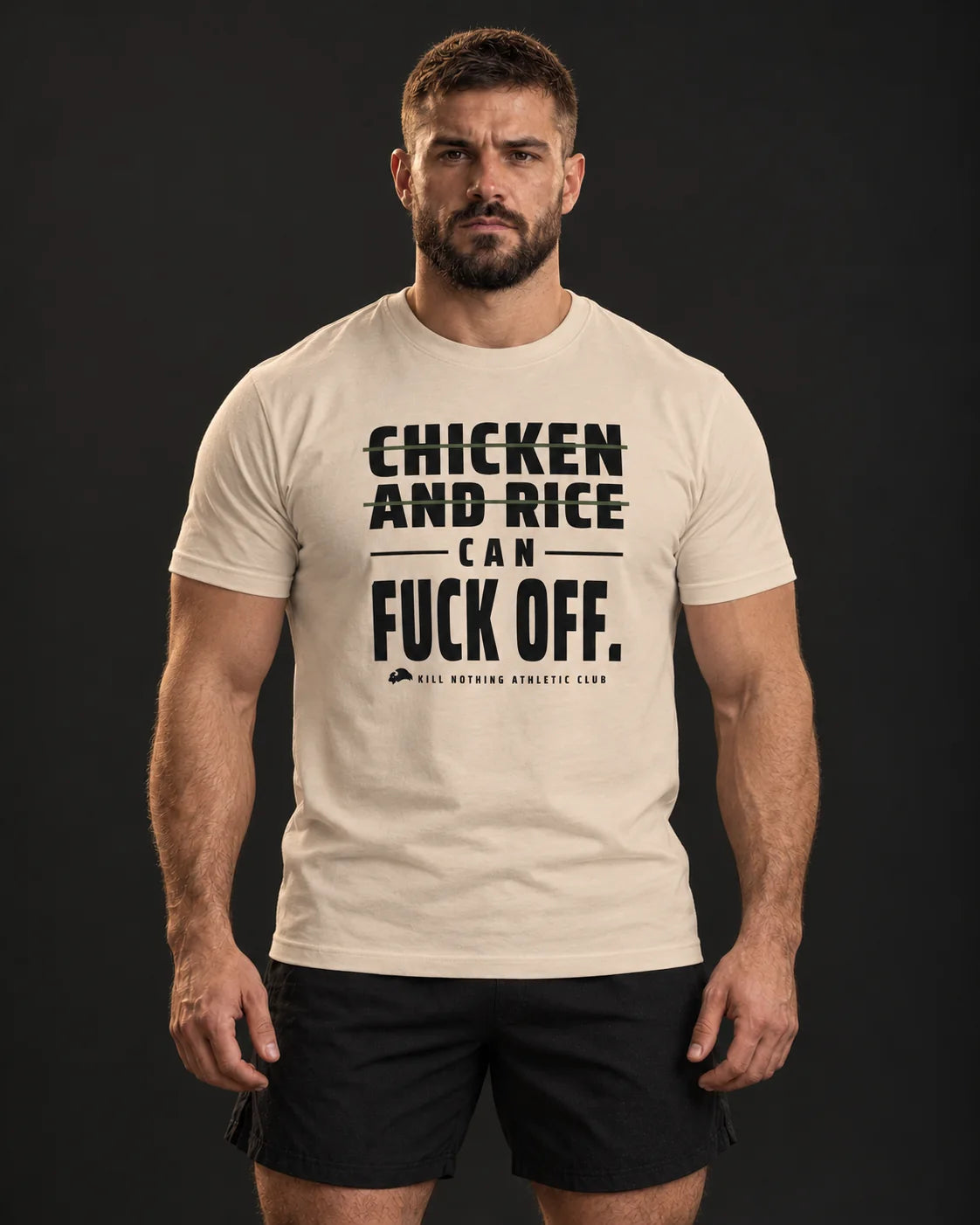 Chicken and Rice - Slim Tee, cream, worn by an athlete, studio photo (AI-generated image)