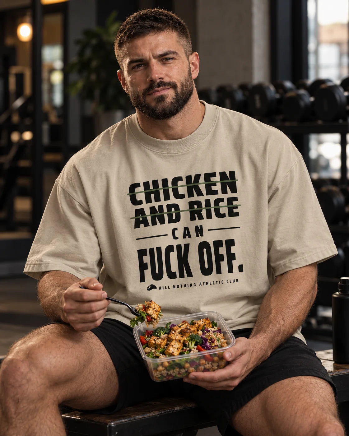 Chicken and Rice - Oversized Tee, stone, worn by an athlete in the gym (AI-generated image)