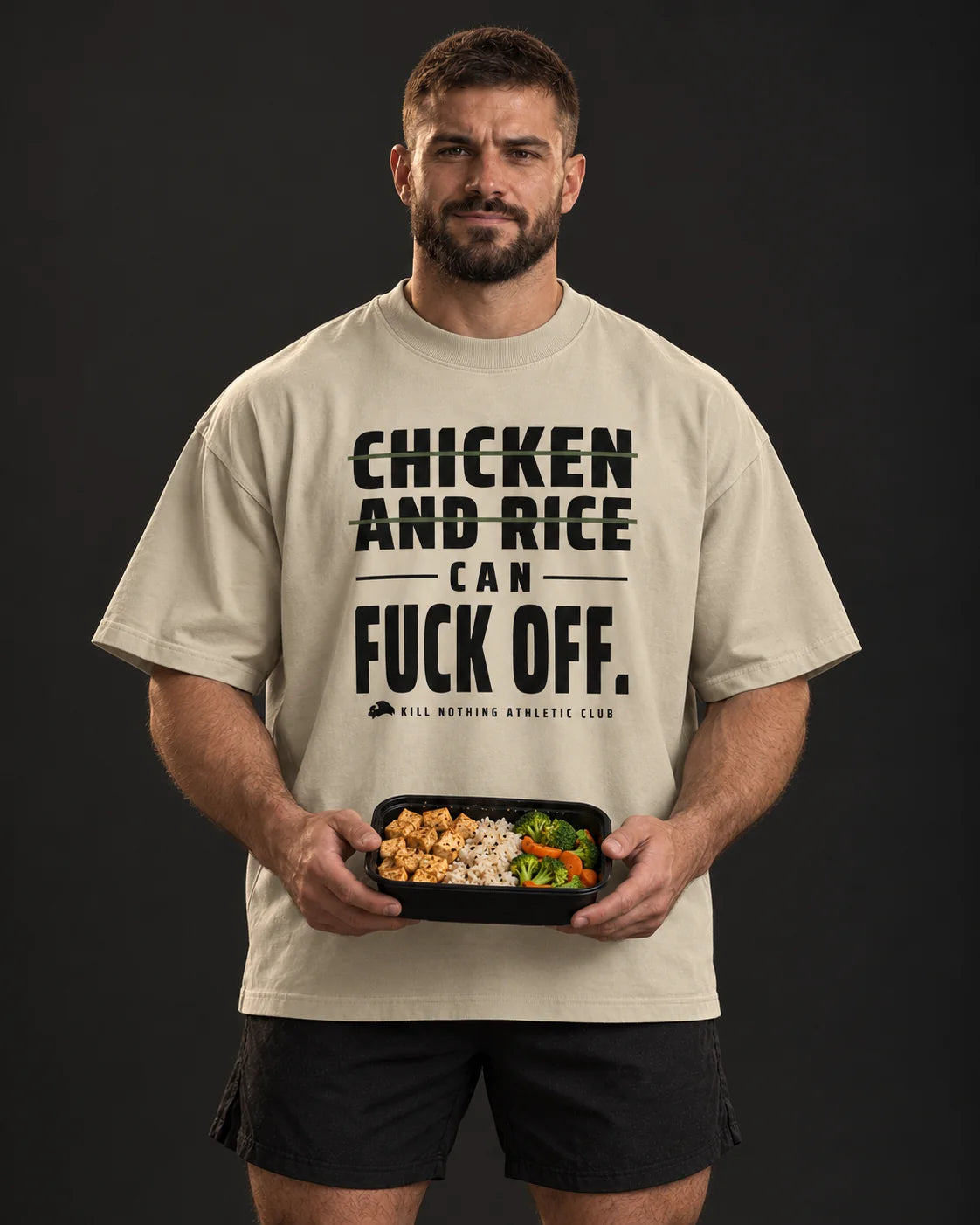 Chicken and Rice - Oversized Tee, stone, worn by an athlete, studio photo (AI-generated image)