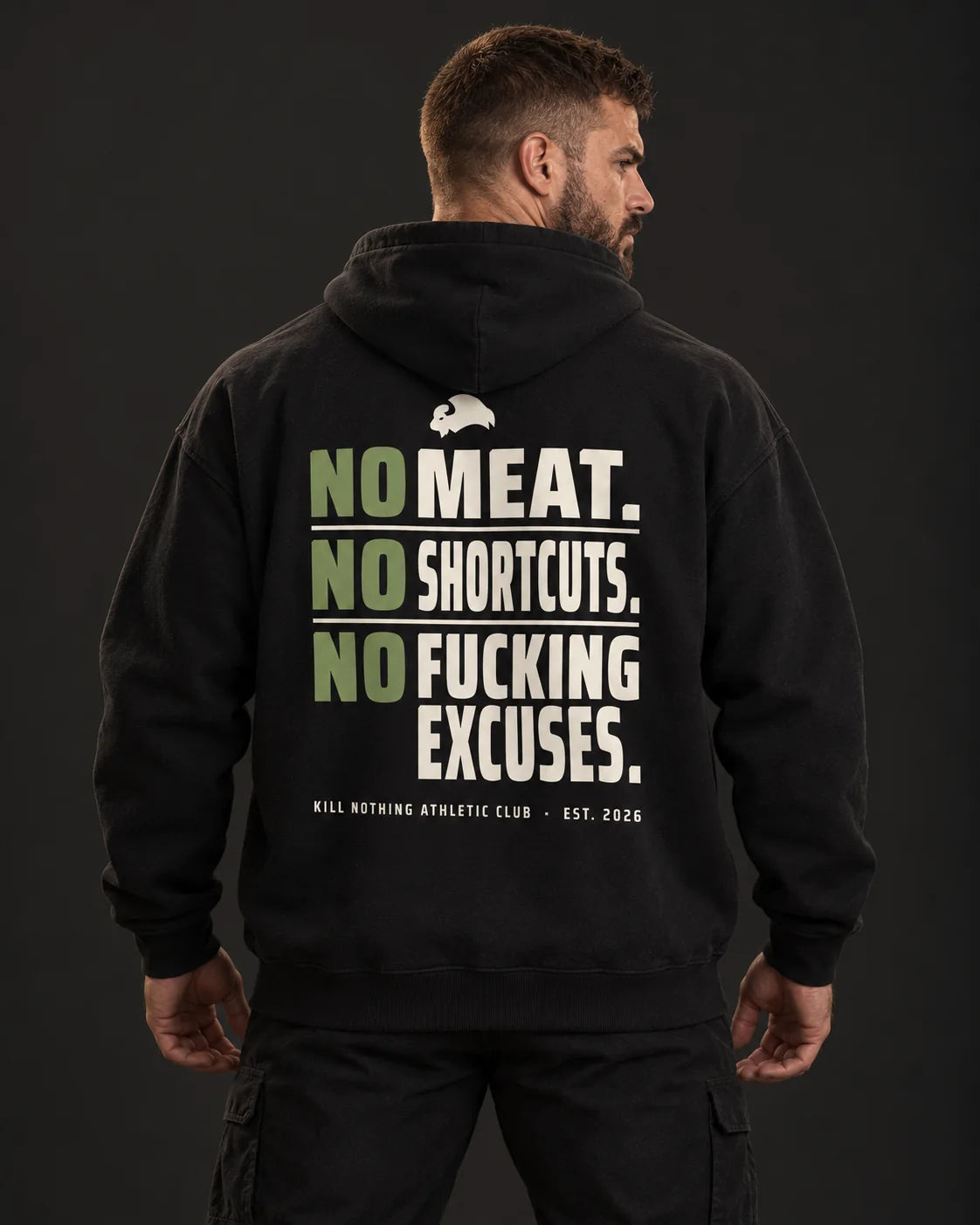 No Meat. No Shortcuts. - Hoodie, black, worn by an athlete, studio photo (AI-generated image)