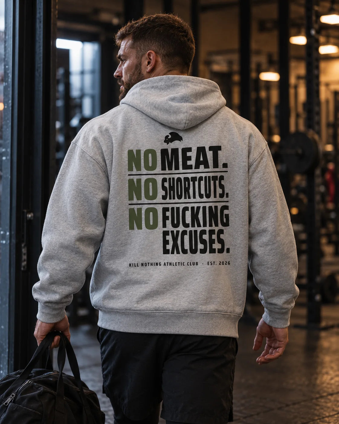 No Meat. No Shortcuts. - Hoodie, heather grey, worn by an athlete in the gym (AI-generated image)