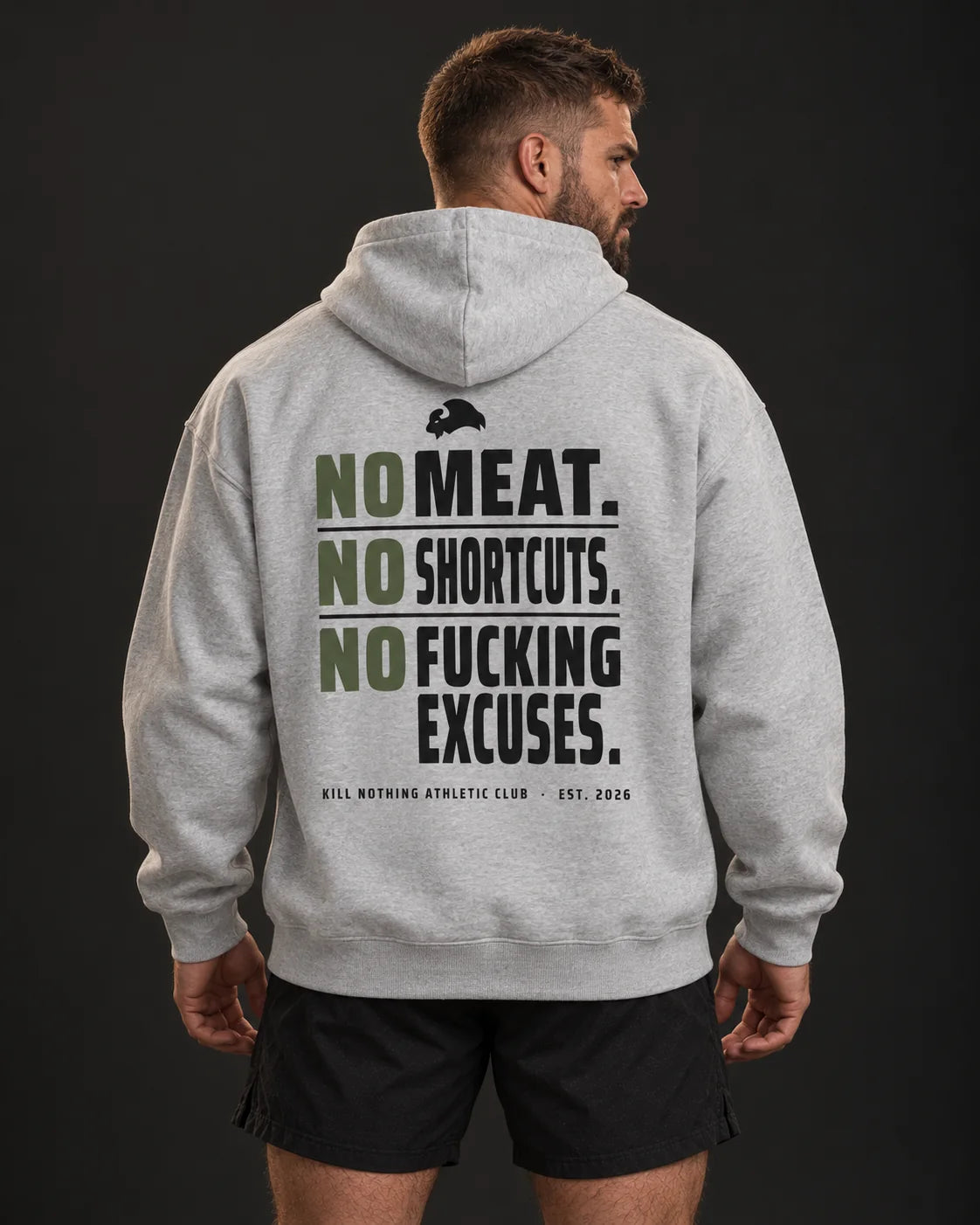 No Meat. No Shortcuts. - Hoodie, heather grey, worn by an athlete, studio photo (AI-generated image)