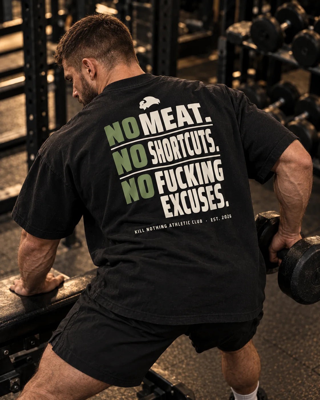 No Meat. No Shortcuts. - Oversized Tee, black, worn by an athlete in the gym (AI-generated image)