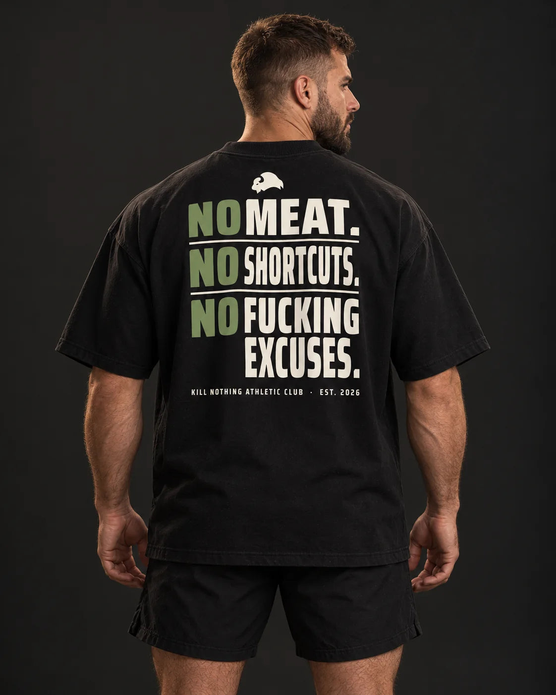 No Meat. No Shortcuts. - Oversized Tee, black, worn by an athlete, studio photo (AI-generated image)