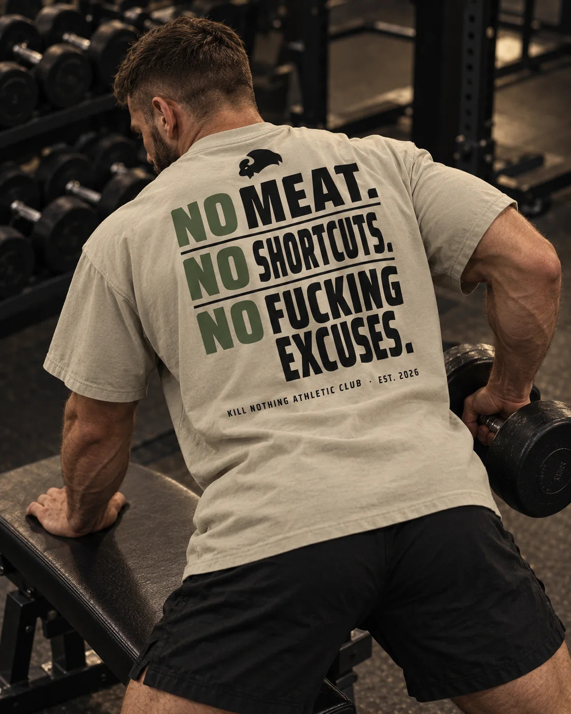 No Meat. No Shortcuts. - Oversized Tee, stone, worn by an athlete in the gym (AI-generated image)