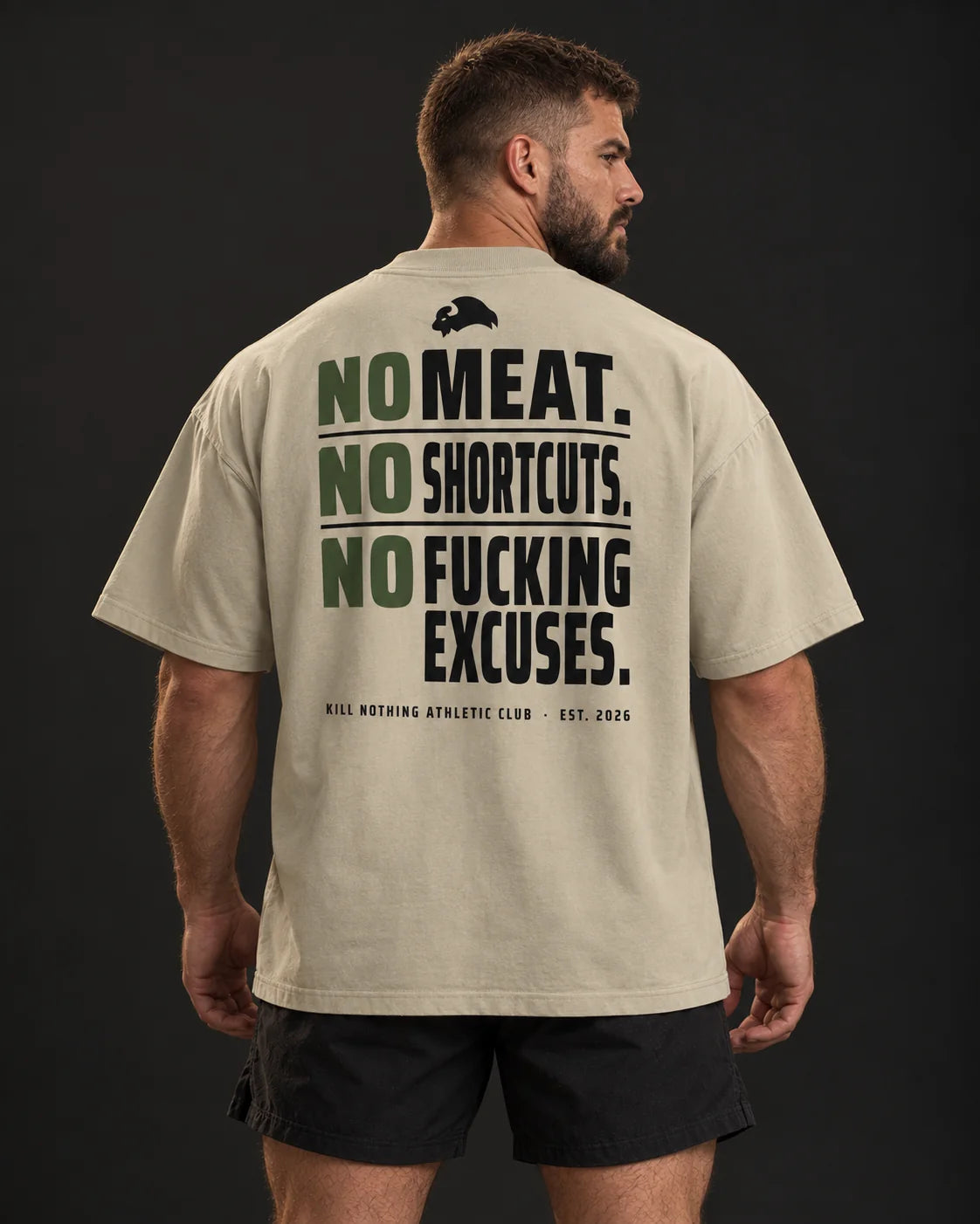 No Meat. No Shortcuts. - Oversized Tee, stone, worn by an athlete, studio photo (AI-generated image)