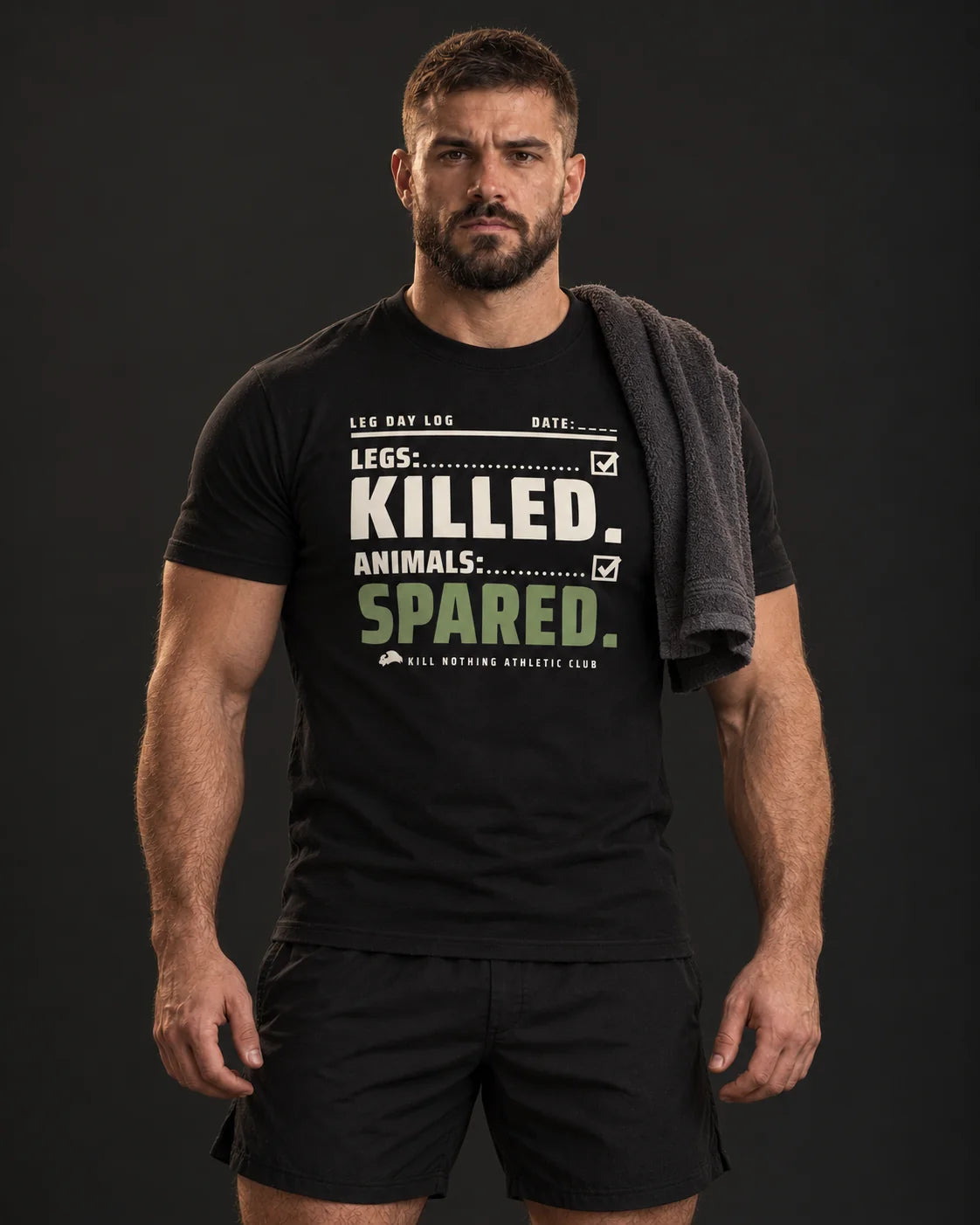 Legs: Killed. - Slim Tee, black, worn by an athlete, studio photo (AI-generated image)