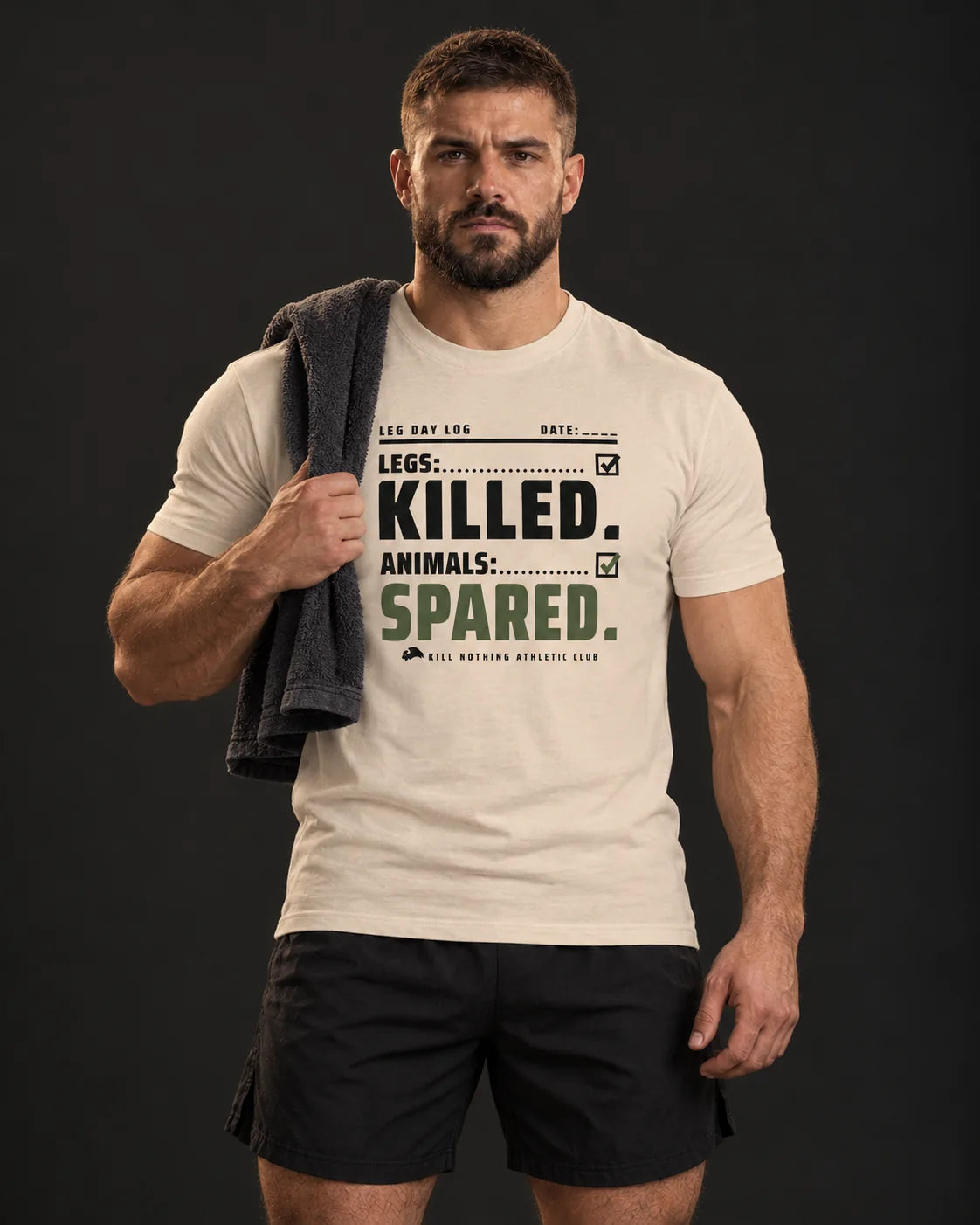 Legs: Killed. - Slim Tee, cream, worn by an athlete, studio photo (AI-generated image)