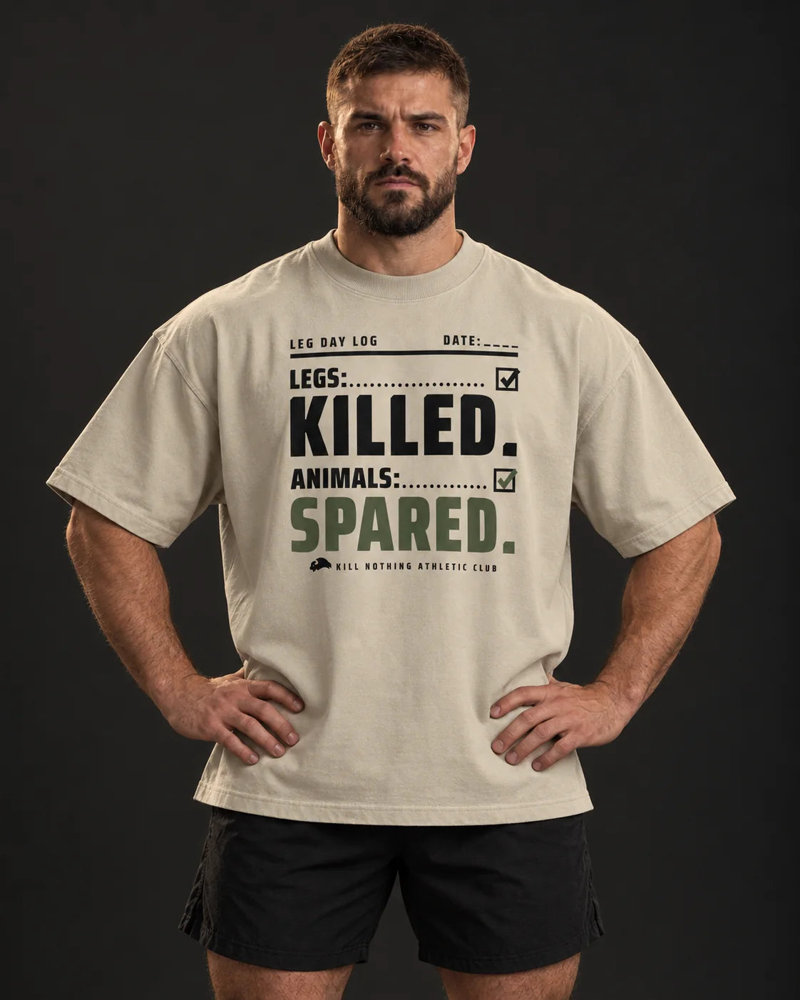 Legs: Killed. - Oversized Tee, stone, worn by an athlete, studio photo (AI-generated image)